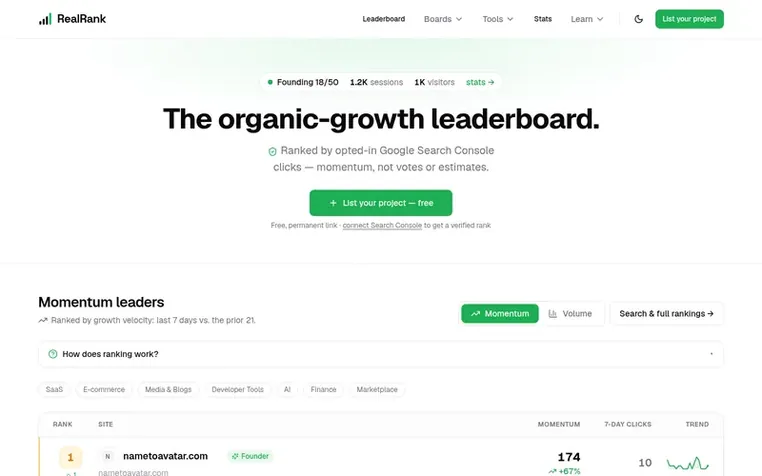 Screenshot of the RealRank homepage