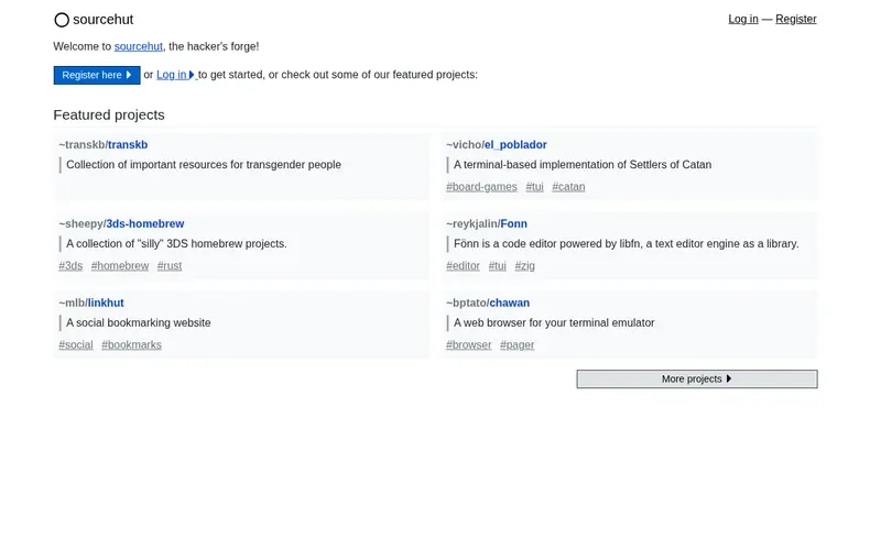 Screenshot of the sourcehut homepage