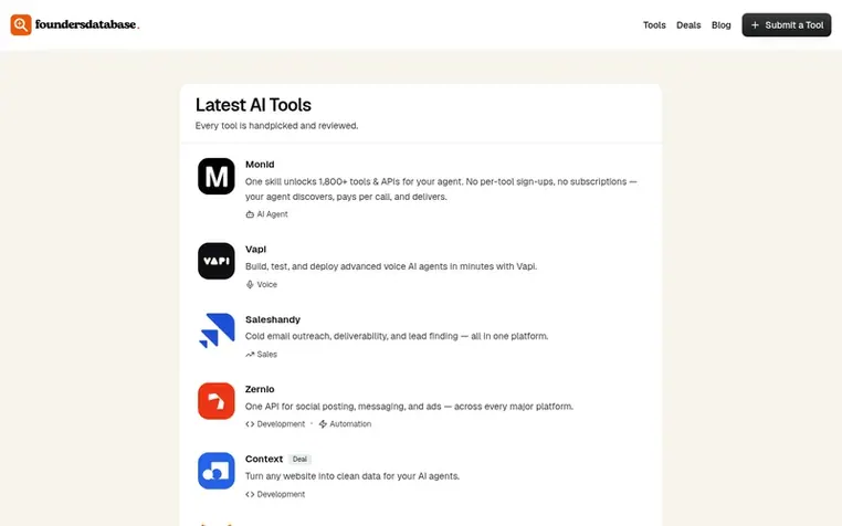 Screenshot of the FoundersDatabase homepage