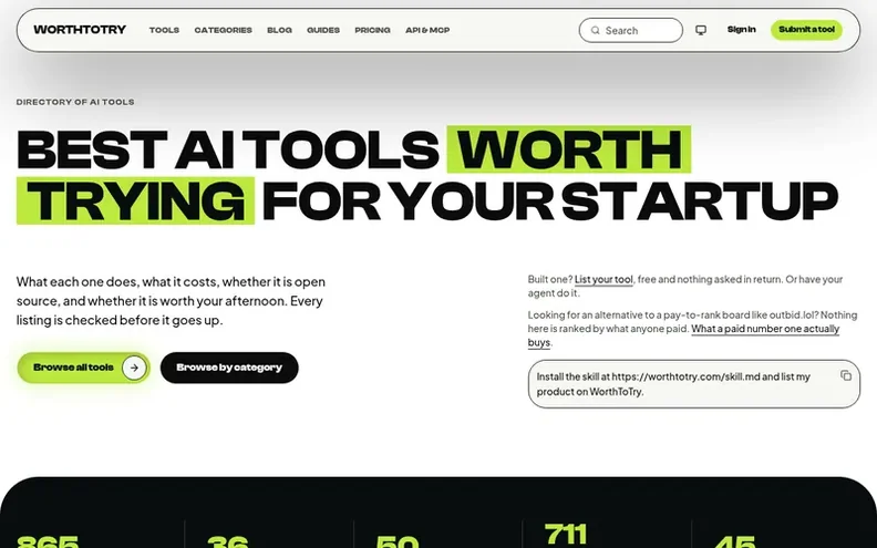 Screenshot of the WorthToTry homepage