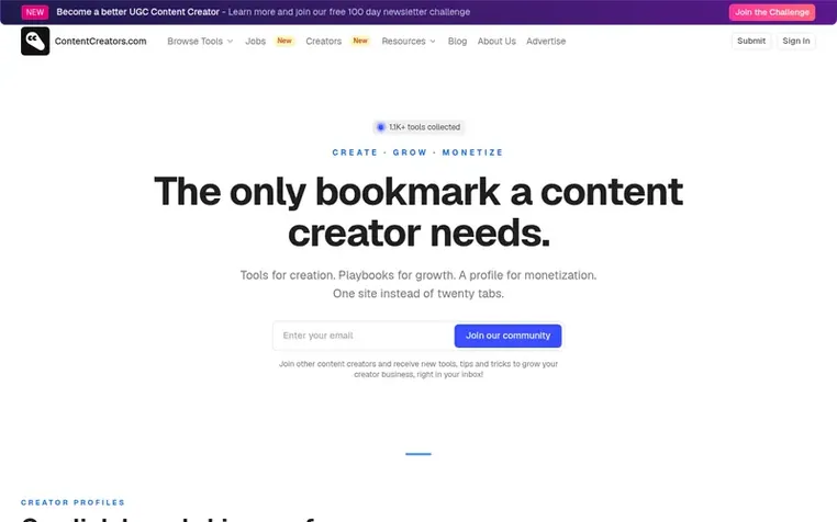 Screenshot of the ContentCreators.com homepage