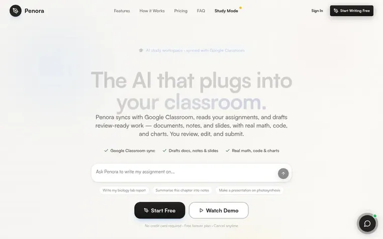 Screenshot of the Penora homepage
