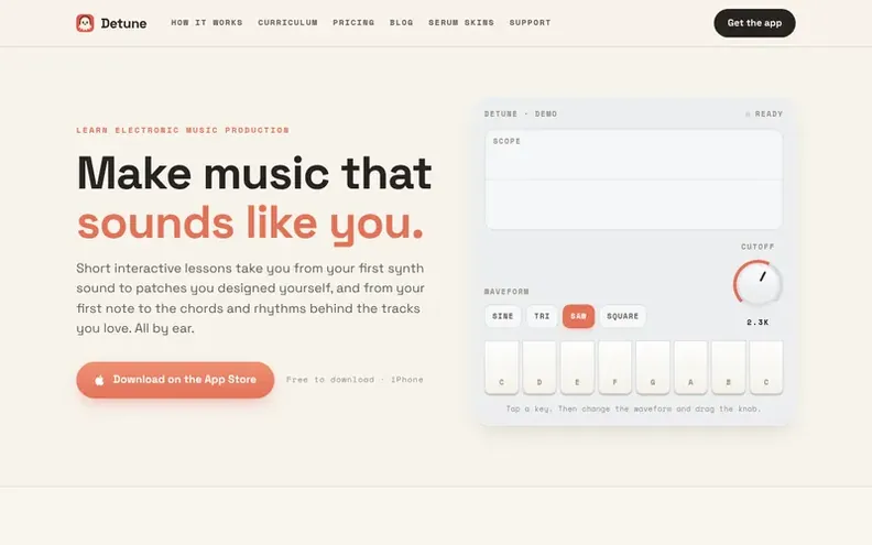Screenshot of the Detune homepage