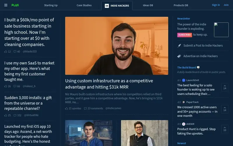 Screenshot of the Indie Hackers homepage