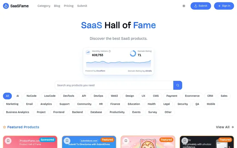 Screenshot of the SaaSFame homepage